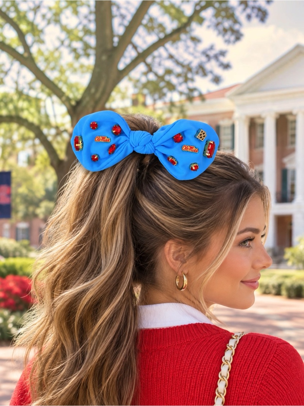 Brianna Cannon Ole Miss Powder Blue Logo Scrunchie Hold Up A Win Crystal Bow NWT